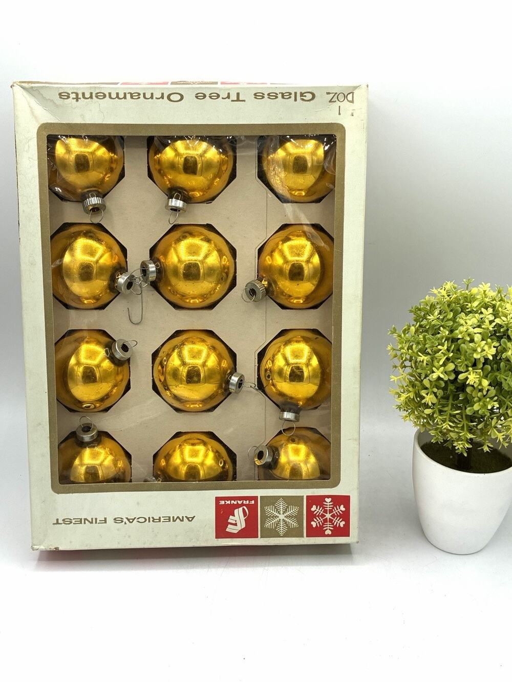 Vintage Franke Boxed Dozen Glass Christmas Ornaments, Gold